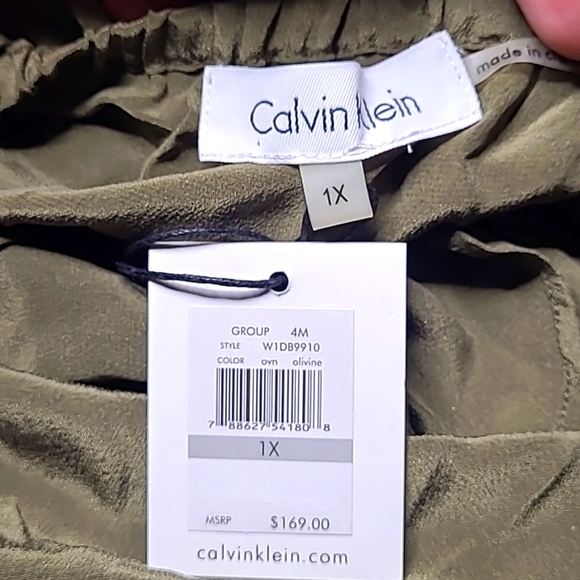 Calvin Klein Olive Green Silk Ruffle Front Dress, NWT - Picture 4 of 5